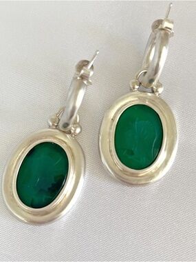 Green Stone Drop Vintage Oval Earrings Pierced 925 Sterling Silver 1990s